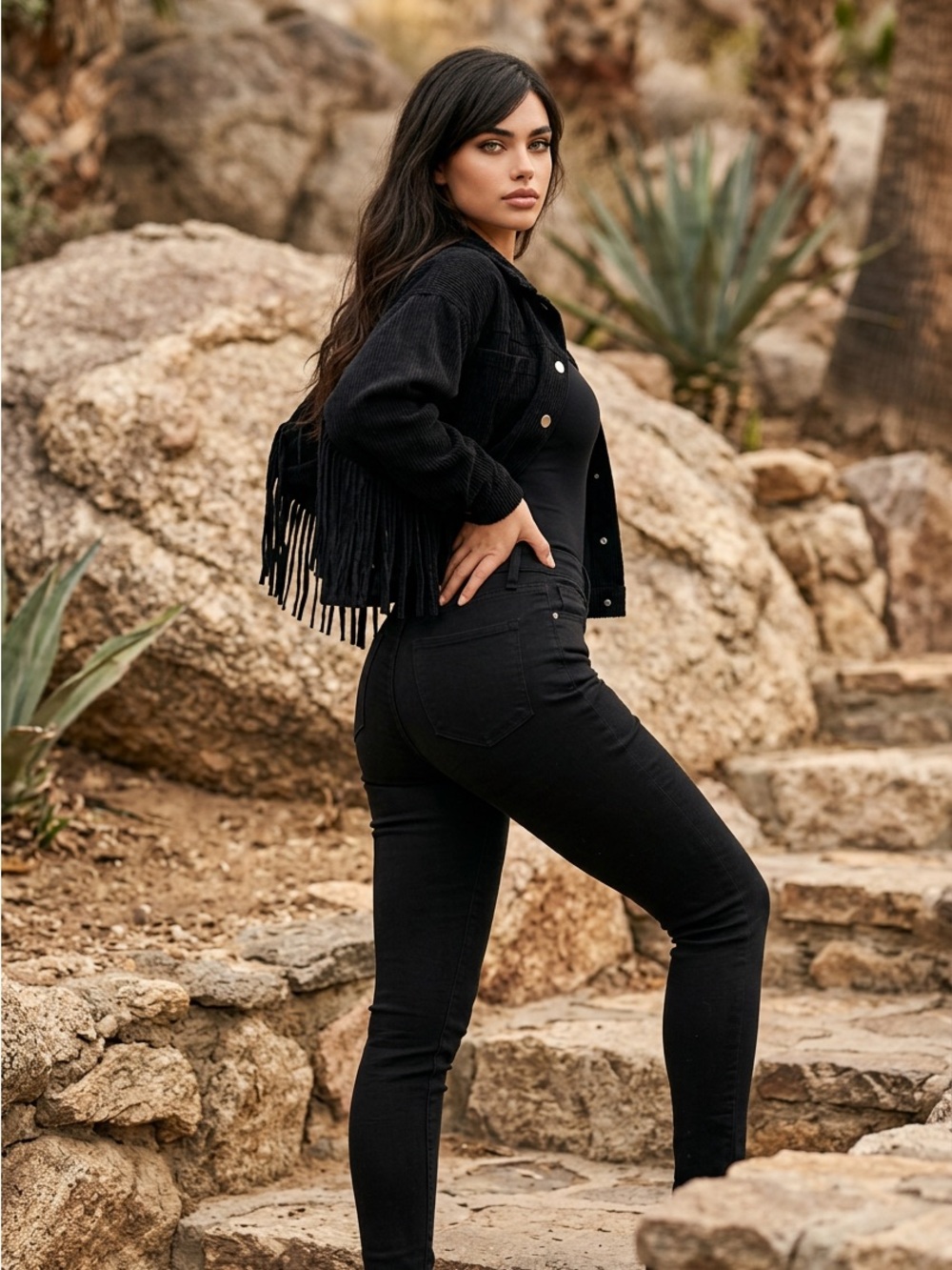 Black Corduroy Button-Front Fringe Jacket
